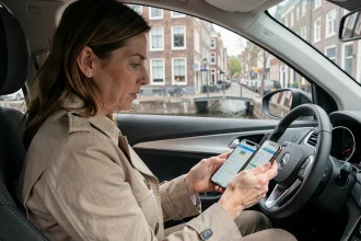 Femme dans une voiture à Bruxelles consultant son smartphone pour choisir entre la vignette à 35 euros et l'enregistrement gratuit