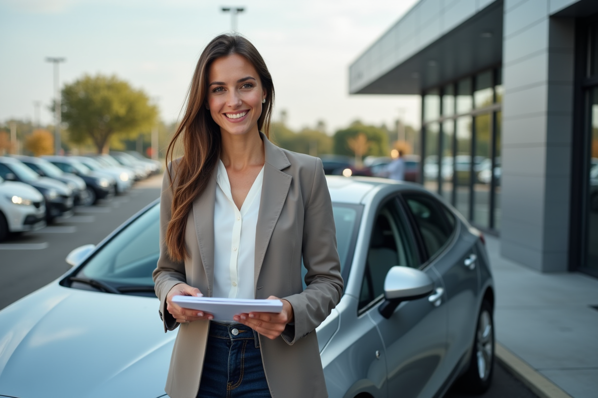 Femme vérifiant un devis de leasing devant une voiture