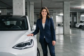Femme posant fièrement devant une voiture électrique blanche de marque en E dans un parking urbain moderne
