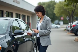 Femme examinant un ticket de carburant à côté d'une voiture hybride dans un parking suburban, illustrant la comparaison des coûts entre essence et hybride