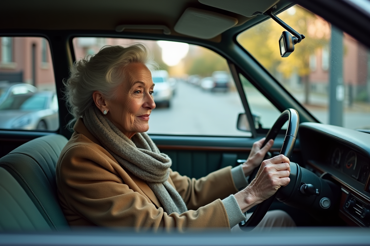 Femme âgée dans sa voiture en ville avec intérieur vintage