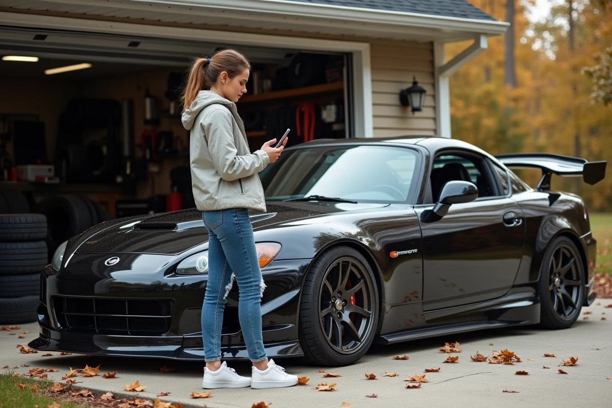 Jeune femme avec voiture modifiee dans une allée de garage