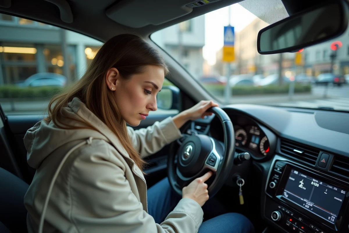 Jeune femme dans une voiture urbaine en matinée