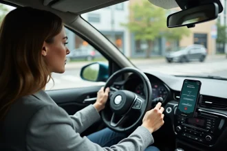 Jeune femme au volant consultant un site de formation à la conduite urbaine sur smartphone