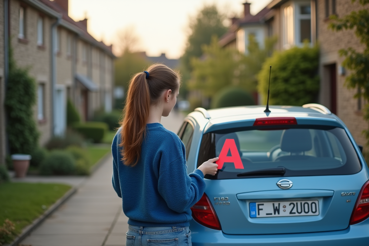 Fille posant un sticker A sur la voiture dans la rue
