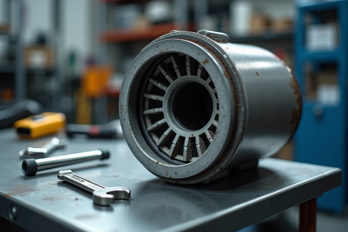 Filtre à particules diesel encrassé posé sur un établi avec dépôts de suie visibles sur la structure céramique