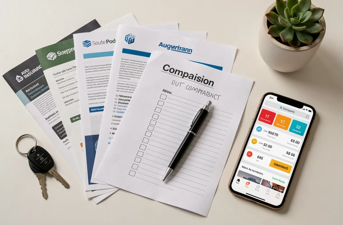 Vue aérienne de documents d'assurance auto, stylo et clés de voiture pour comparer les offres