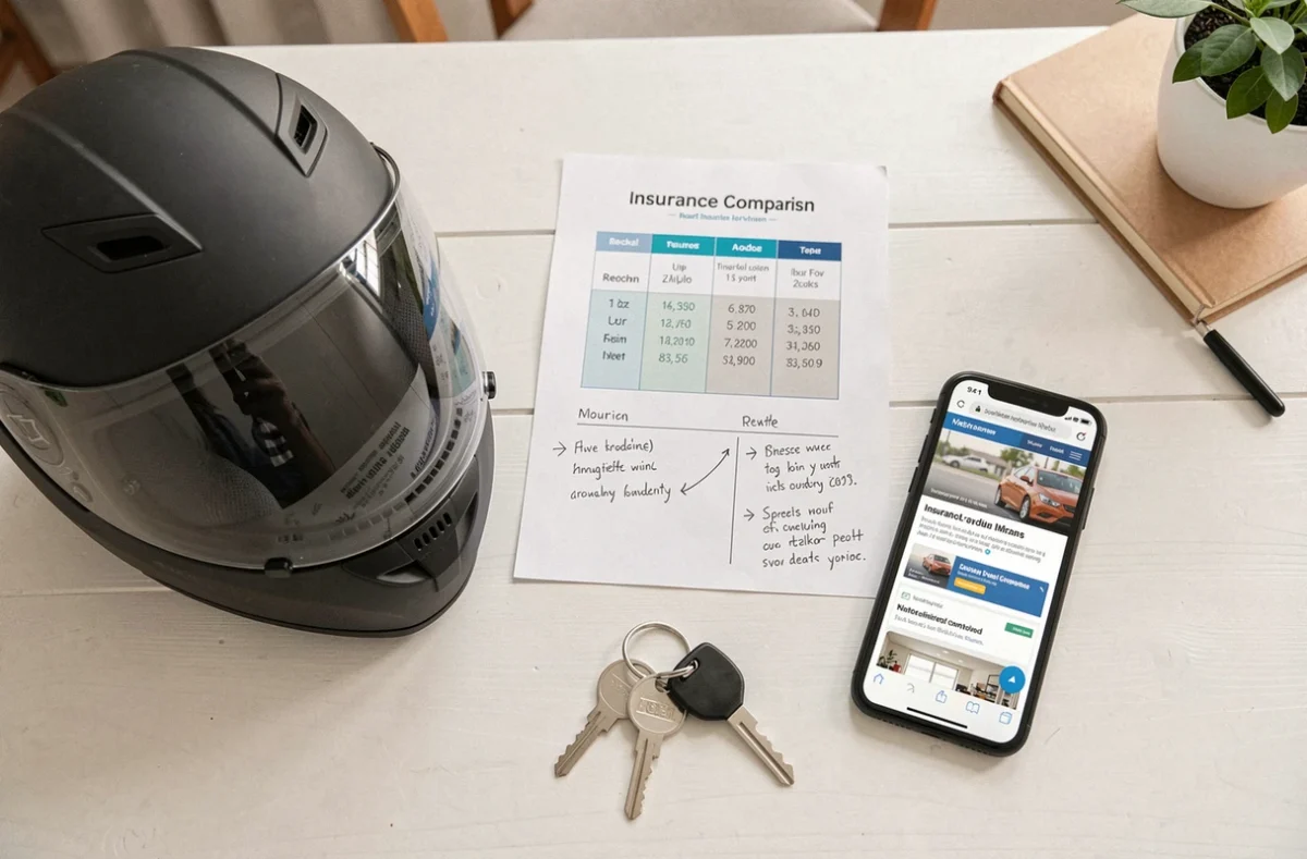 Vue du dessus des documents et objets pour choisir une assurance scooter pas cher