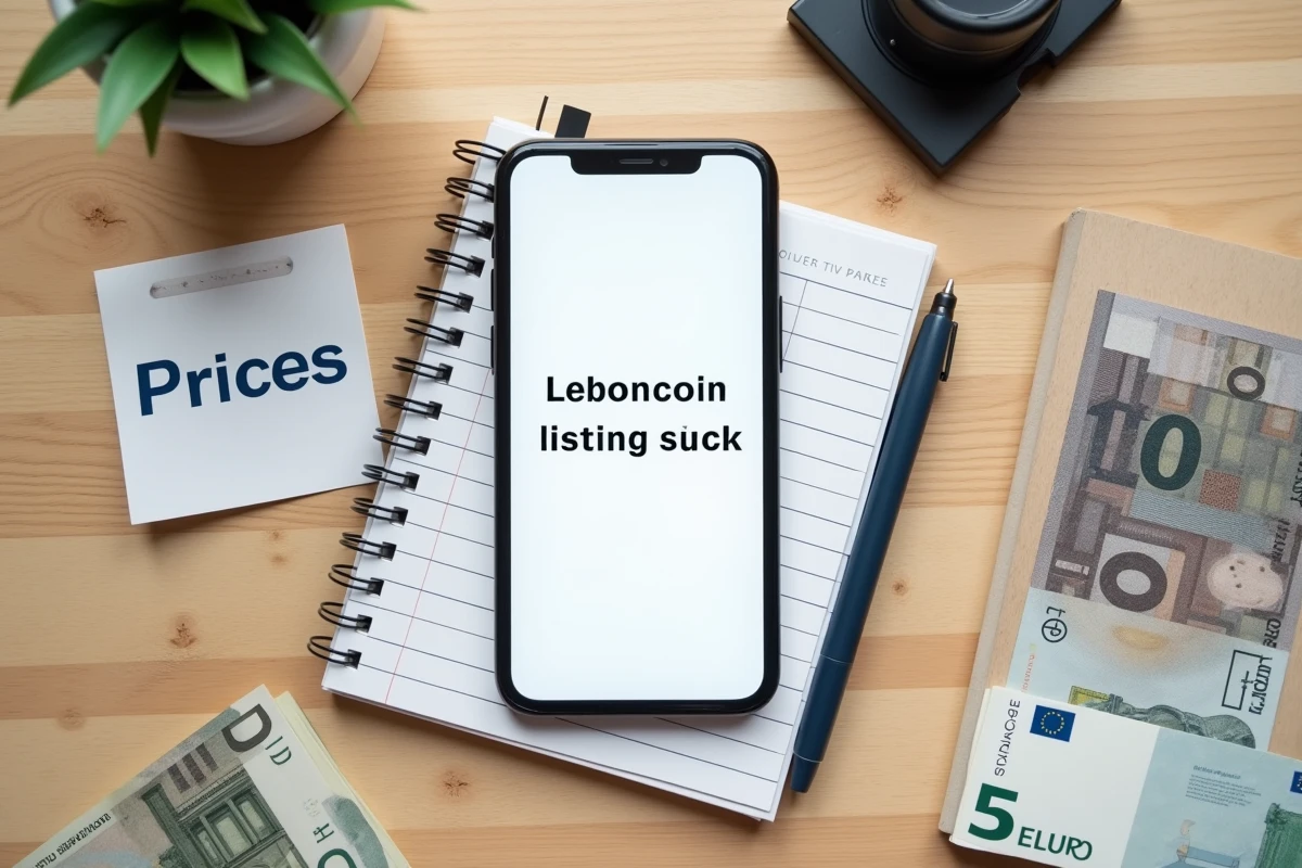 Vue de dessus d'un smartphone avec une annonce Leboncoin, des notes de prix manuscrites et des billets en euros sur une table en bois