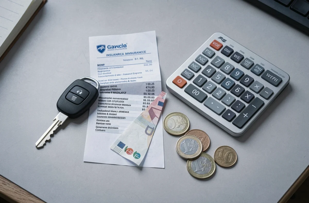 Vue aérienne d'une clé de voiture, d'un document d'assurance et d'euros symbolisant le coût mensuel de l'assurance auto