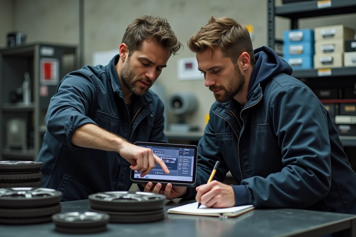 Deux passionnés de BMW consultant un forum de reprogrammation et coding sur tablette dans un atelier automobile communautaire