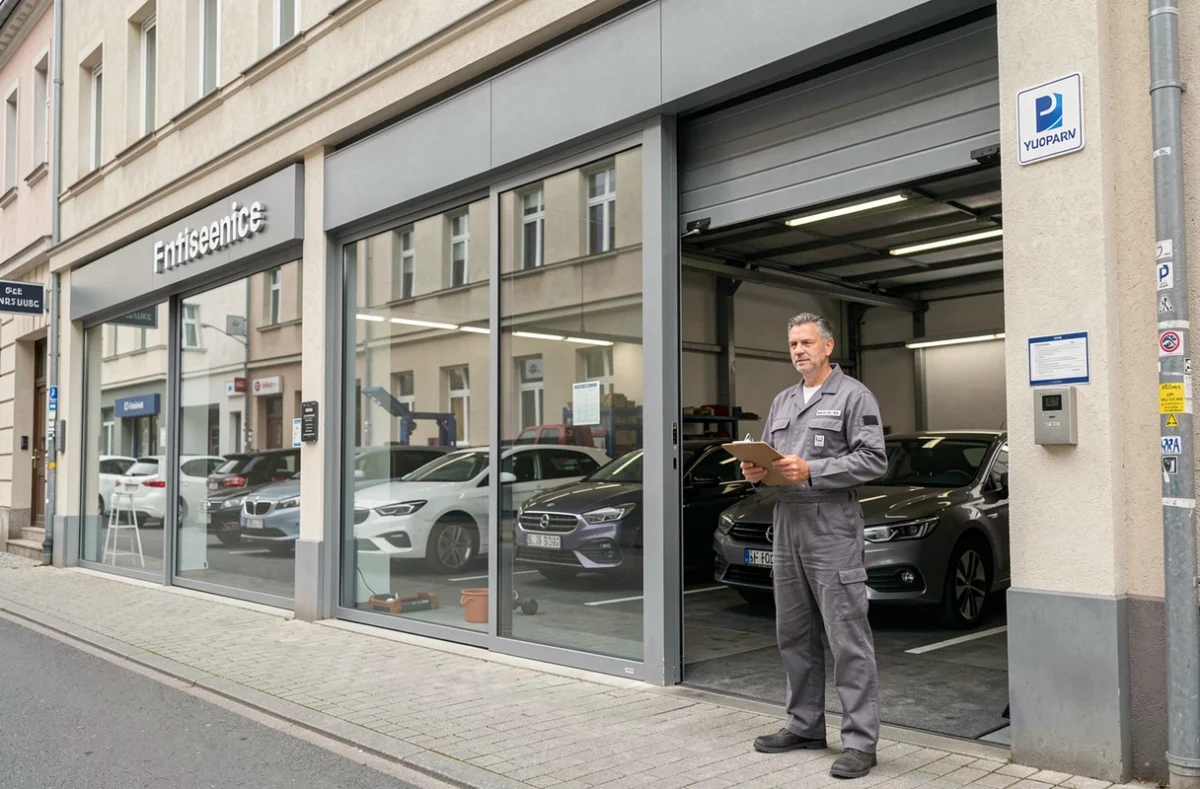 Façade du Garage de Belfort à Strasbourg avec un mécanicien en uniforme devant l'entrée