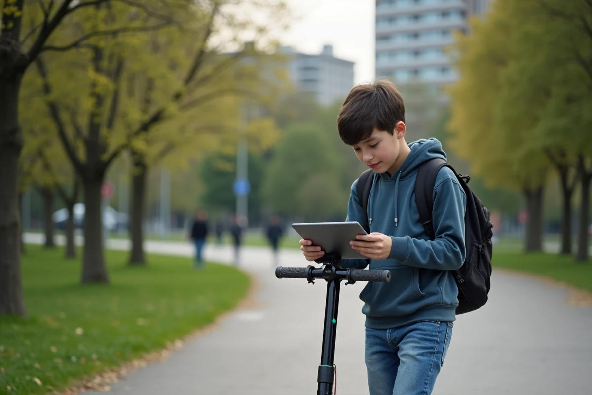 Garçon adolescent lisant sur une tablette dans un parc urbain