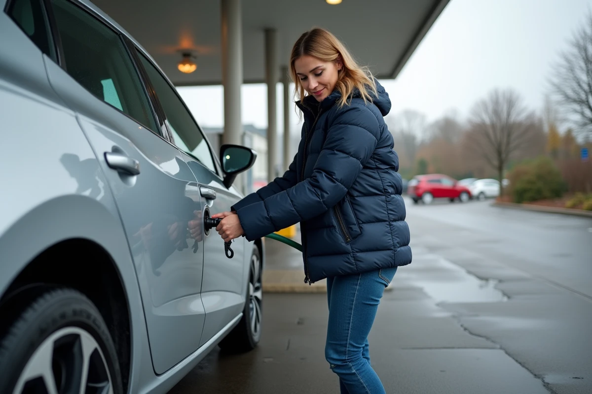 Femme gonflant les pneus d'une Seat Ibiza argentée à la pompe d'une station-service