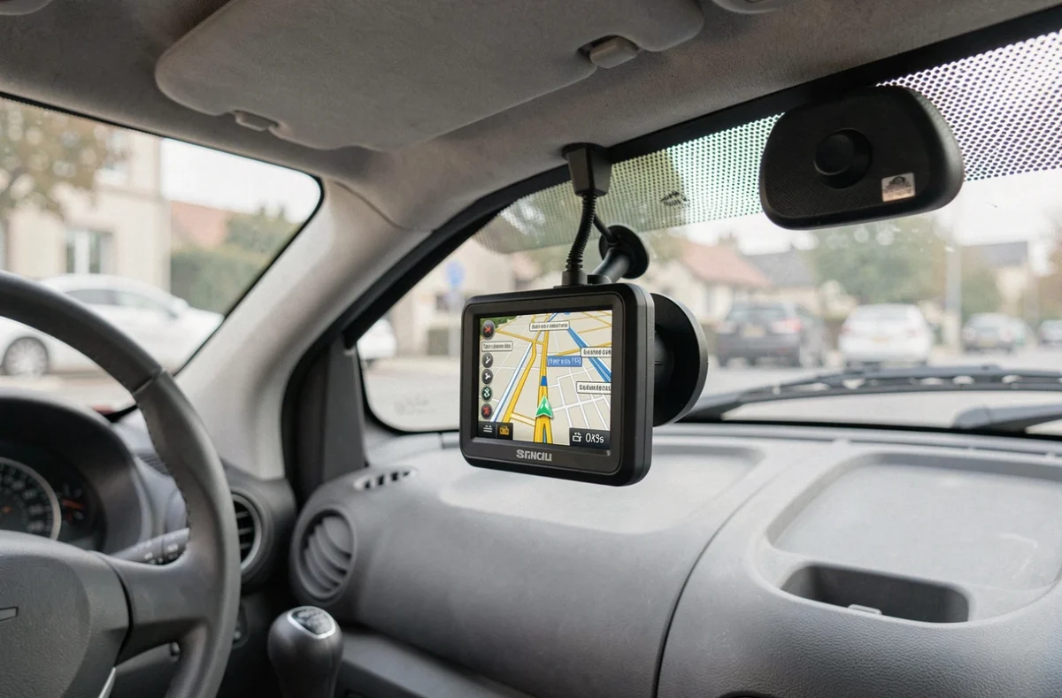 GPS fixé sur le pare-brise d'une voiture sans permis avec affichage de navigation en français
