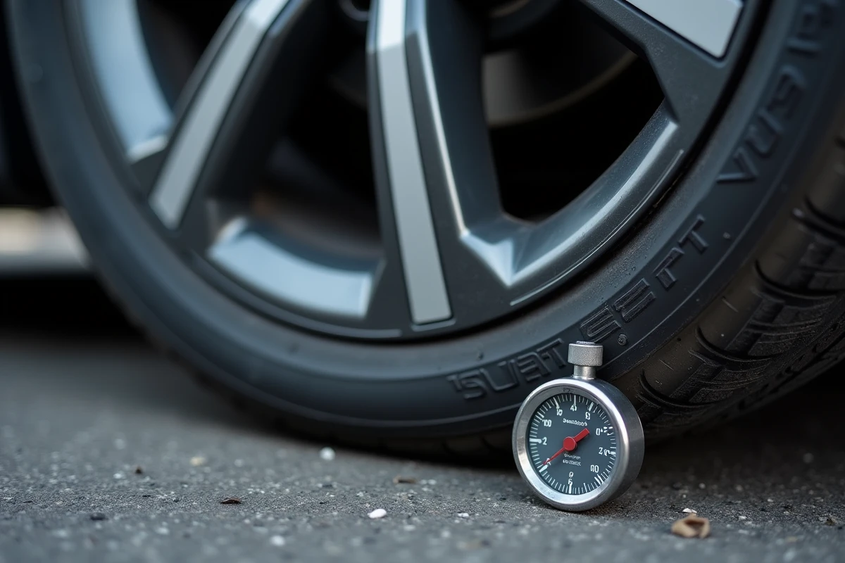 Gros plan sur la jauge de pression posée contre le flanc d'un pneu de Seat Ibiza avec jante en alliage