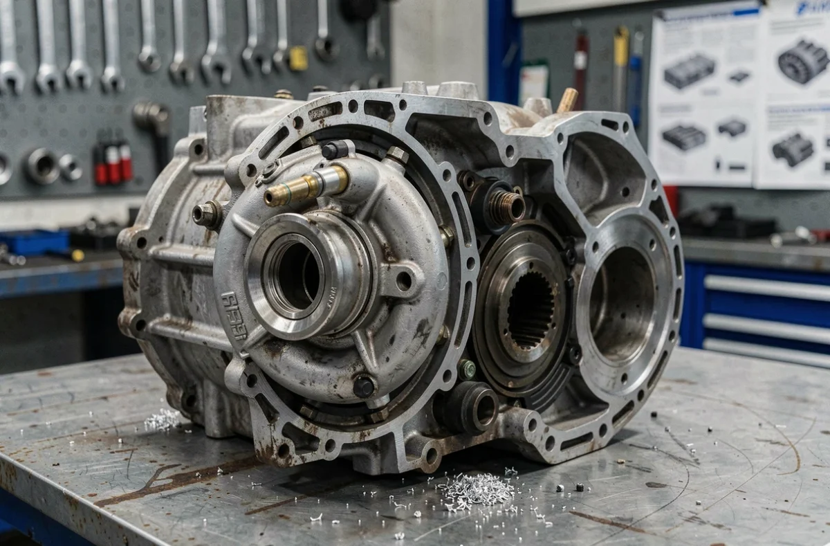 Gros plan du moteur 1.5 BlueHDi 130 démonté sur un établi de garage avec turbo et injecteurs visibles