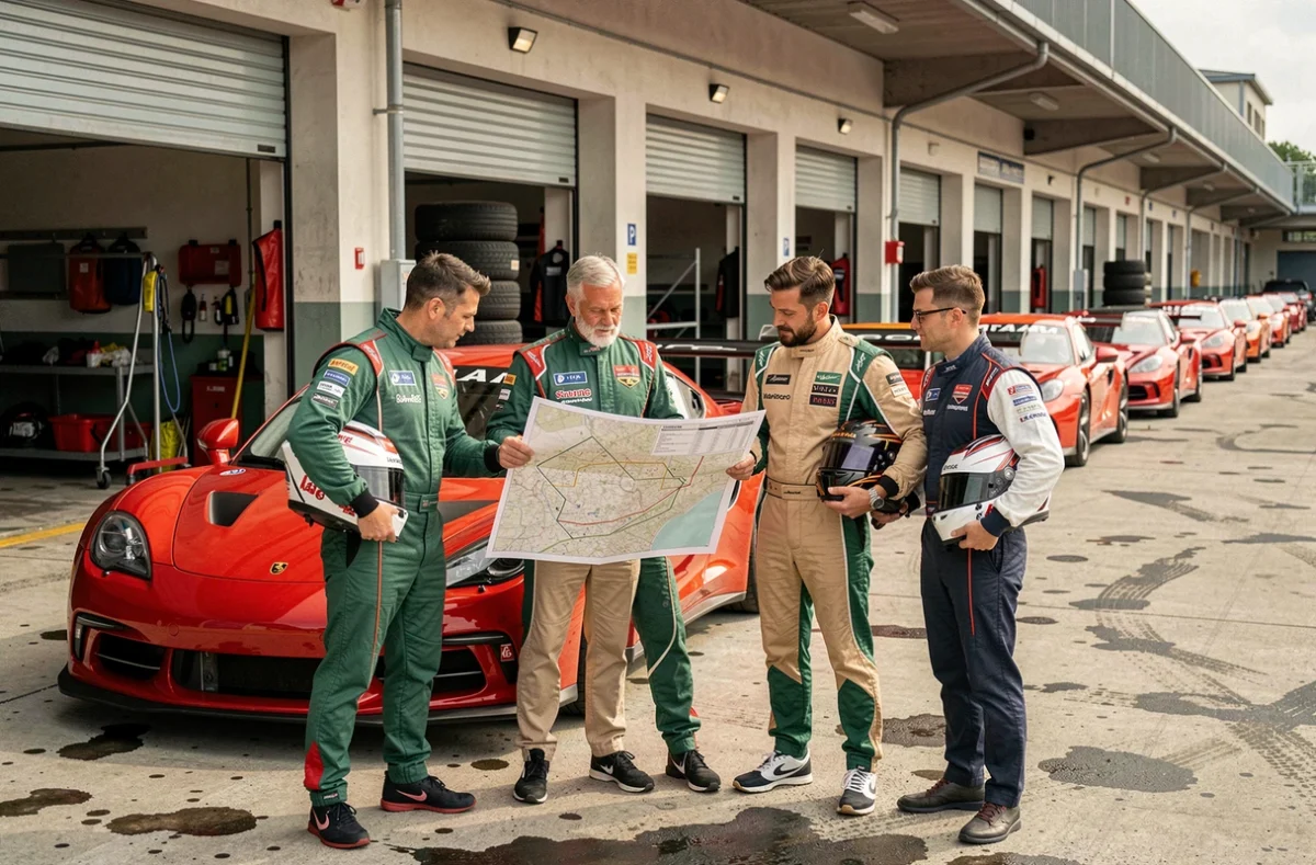 Groupe de participants à un stage de pilotage étudiant le plan du circuit dans les stands, combinaisons de course et casques à la main