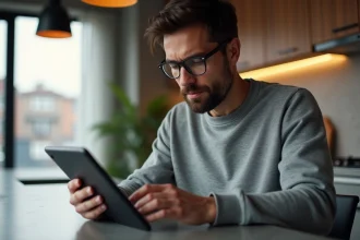 Homme consultant un site d'actualité automobile sur une tablette le matin dans une cuisine moderne