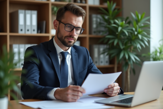 Homme d'affaires en costume regardant un contrat au bureau