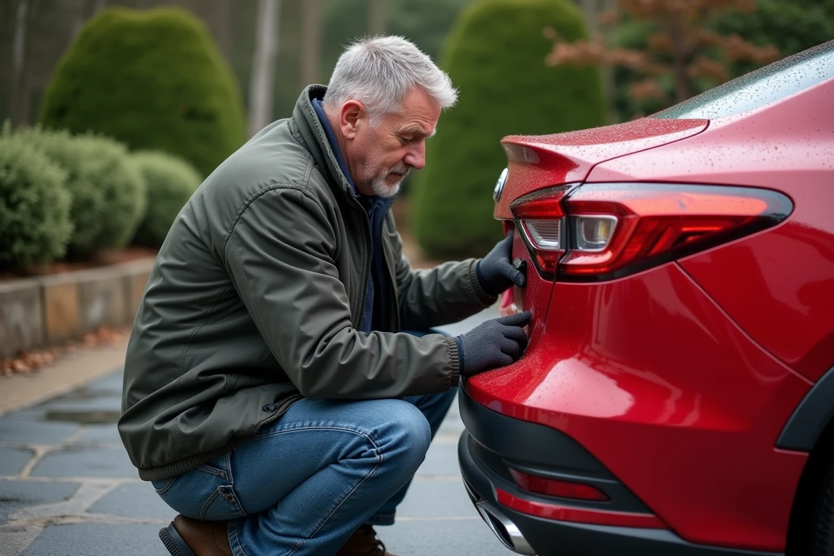 Homme concentré alignant un emblème de voiture rouge