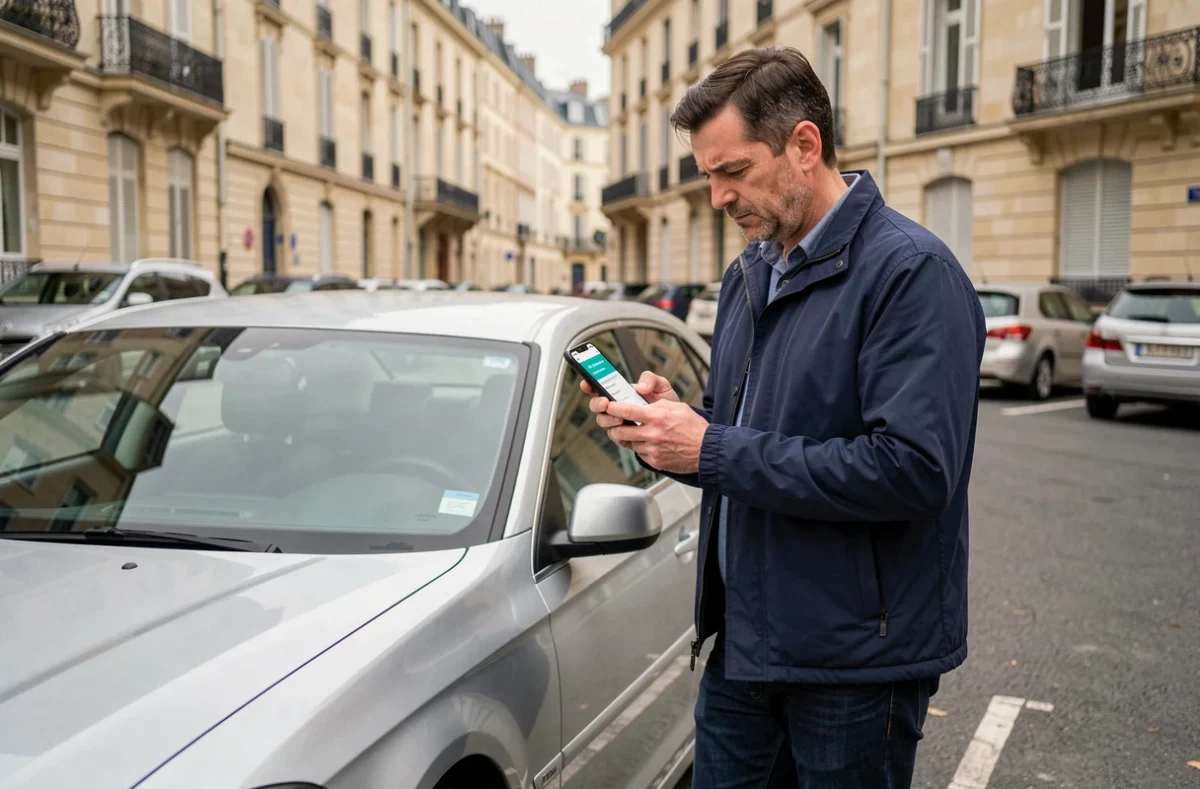 Homme consultant une application de comparaison d'assurance auto à côté de sa voiture à Bourges