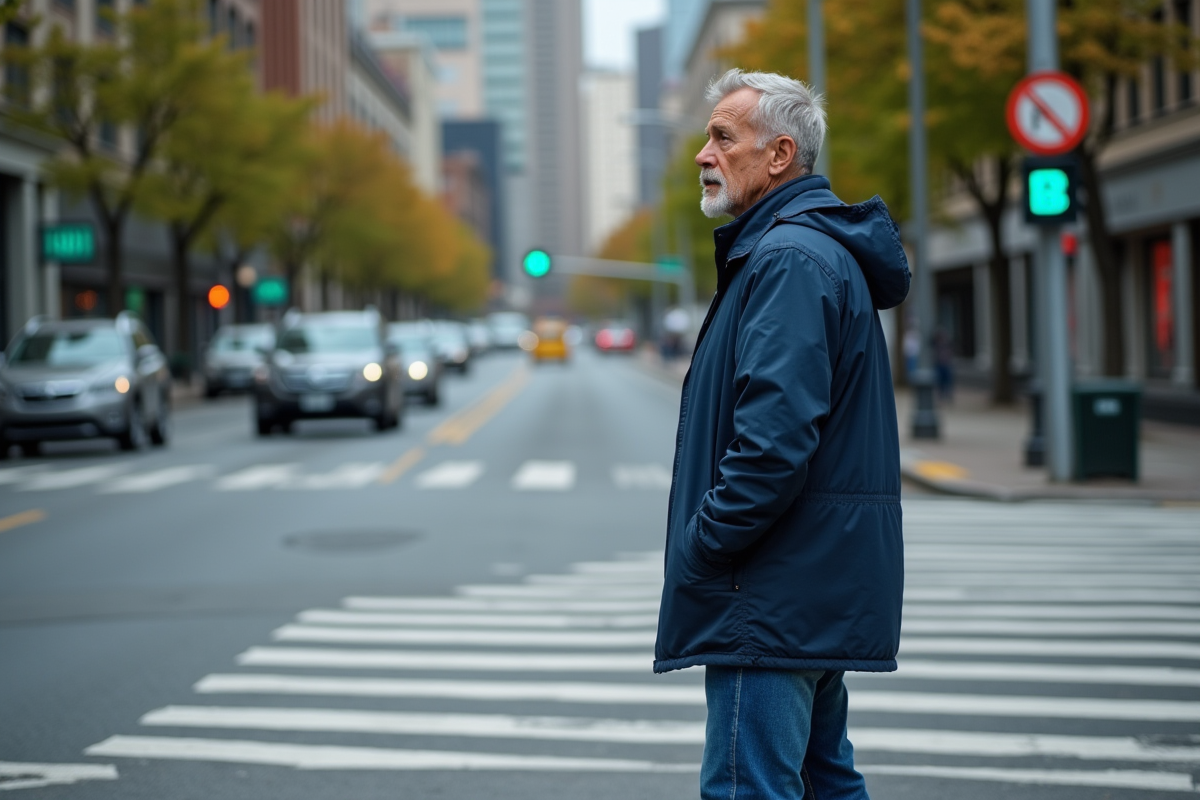 Homme d'âge moyen attendant au passage piétons en ville