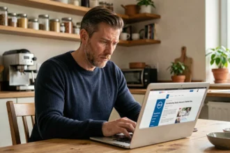 Homme lisant des avis sur les assurances auto en ligne depuis son ordinateur portable dans une cuisine moderne
