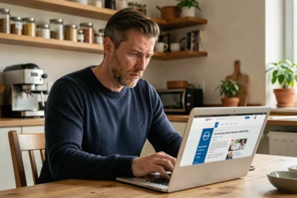 Homme lisant des avis sur les assurances auto en ligne depuis son ordinateur portable dans une cuisine moderne