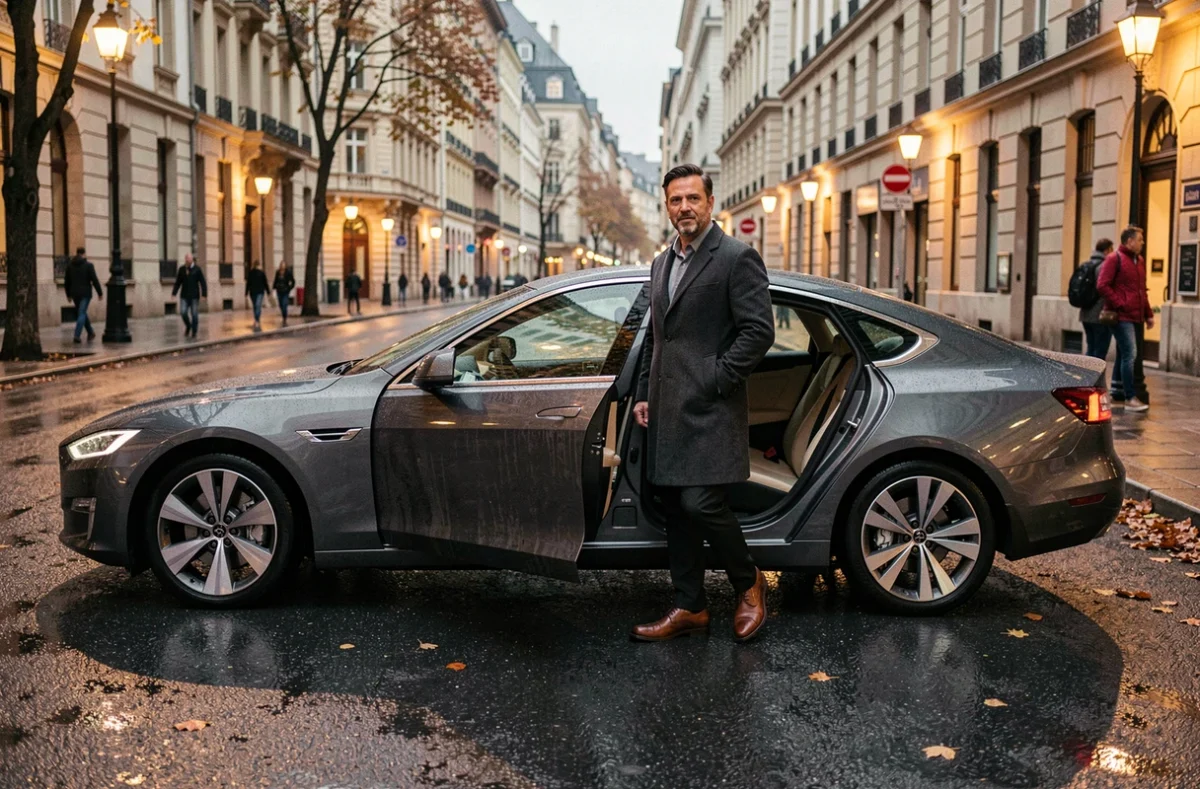 Homme élégant sortant d'une berline électrique grise sous la pluie dans une rue de ville européenne