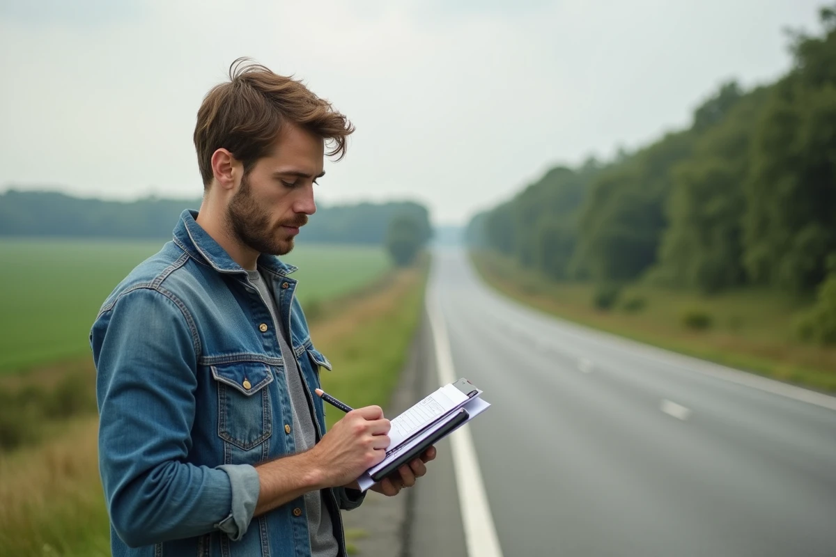 Homme pensif avec calculatrice dans la campagne tranquille