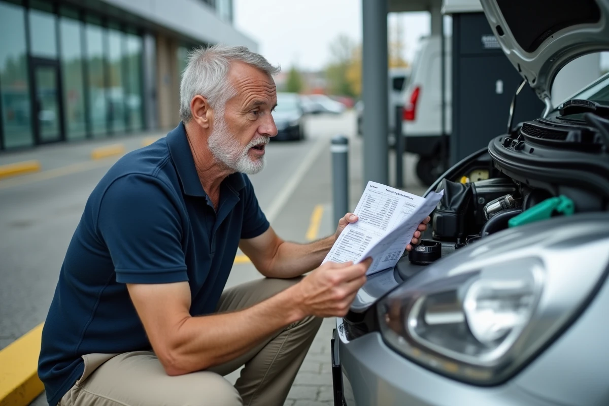 Homme comparant les coûts de carburant à une station-service, analysant la rentabilité du passage d'une voiture essence à l'hybride