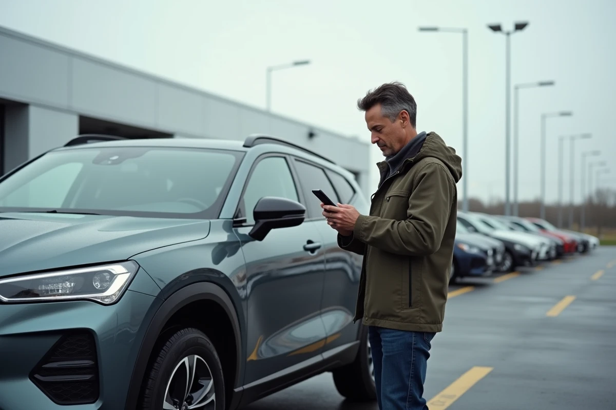 Homme lisant un article de comparatif automobile sur son téléphone devant un SUV dans un parc de concessionnaire