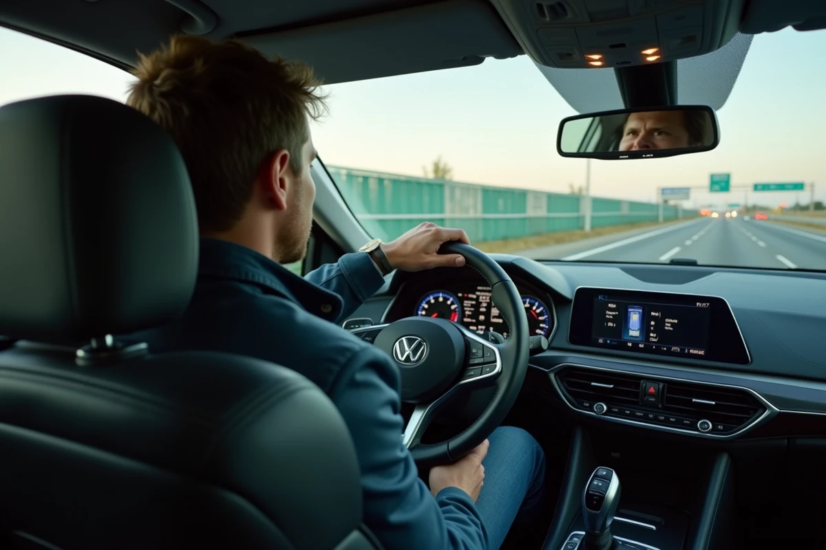 Homme en voiture moderne concentré sur le tableau de bord