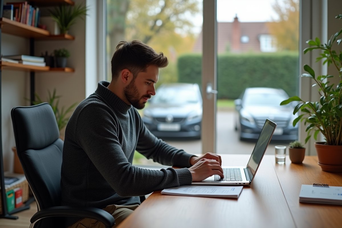Homme d age rempli un formulaire d assurance voiture dans son bureau