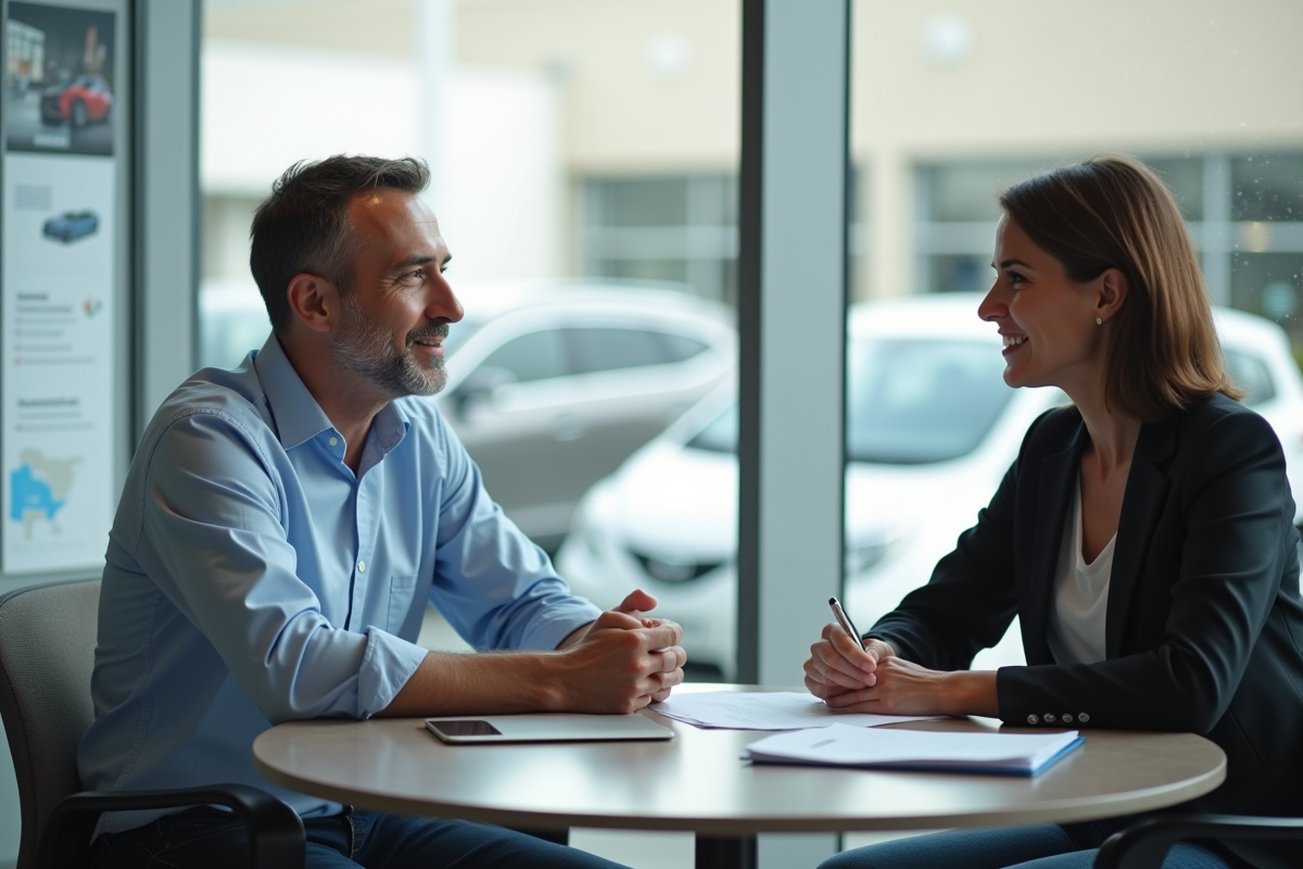 Homme en discussion avec une conseillère automobile dans un showroom
