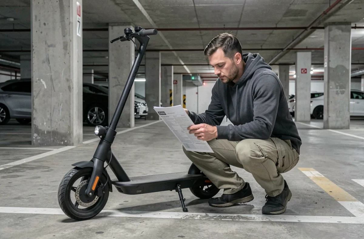 Homme examinant un document d'assurance scooter électrique dans un parking souterrain