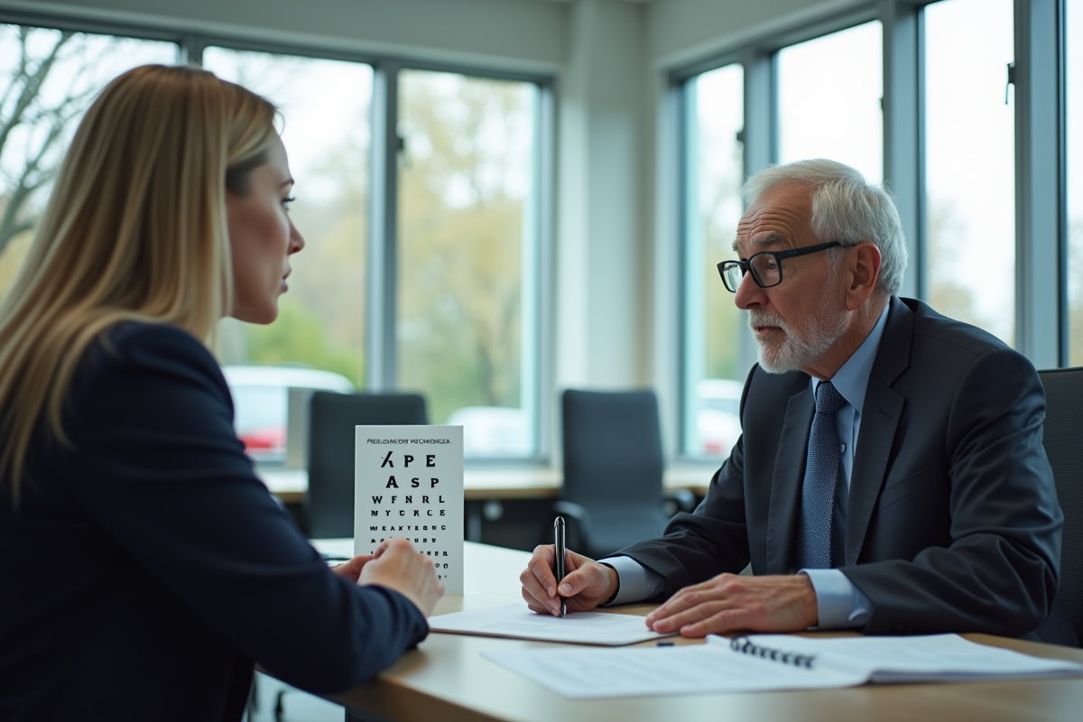 Homme âgé discutant avec une officielle dans un bureau de permis de conduire
