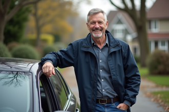 Homme d'âge moyen souriant près de sa voiture familiale