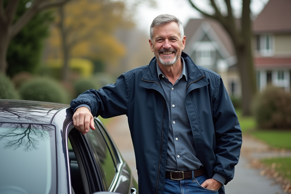 Homme d'âge moyen souriant près de sa voiture familiale