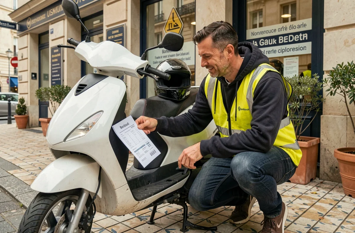 Homme en gilet jaune devant une agence d'assurance scooter à Bordeaux comparant des devis