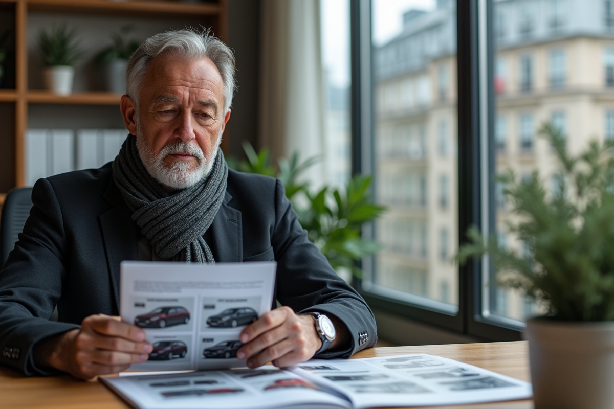 Homme d age lisant brochure automobile au bureau