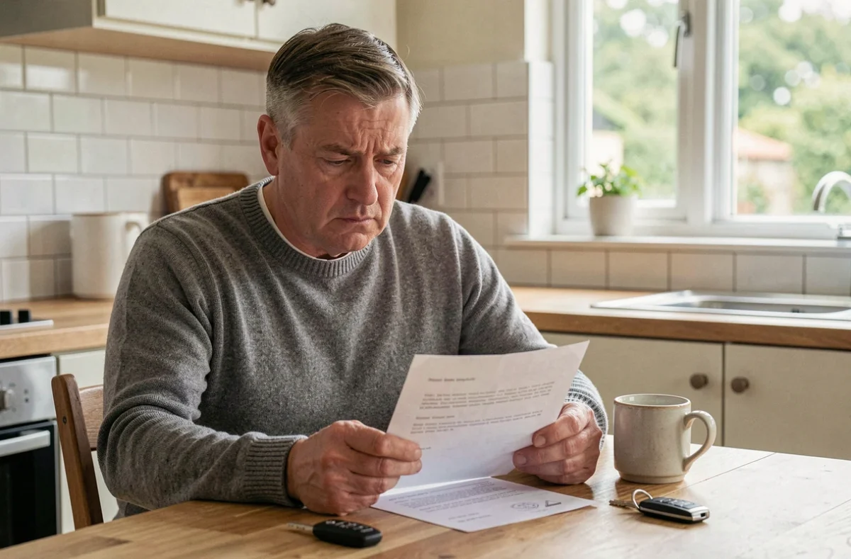 Homme lisant une lettre de résiliation de son assurance auto à la maison