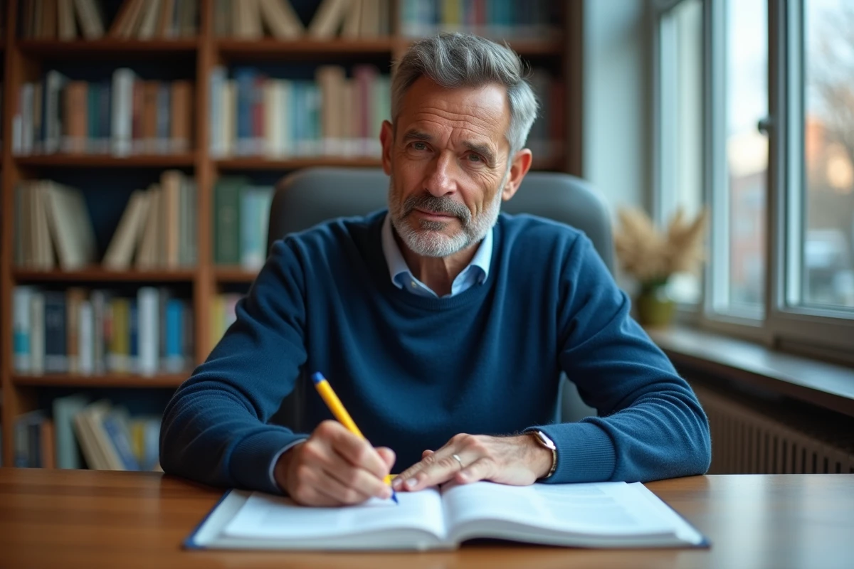 Homme en pull bleu étudie un permis dans une bibliothèque