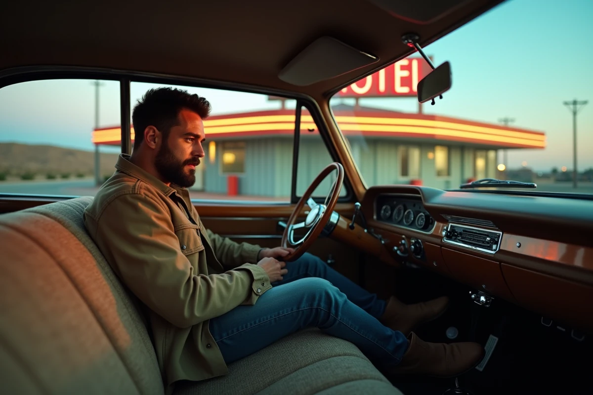 Homme dans la voiture vintage au motel avec intérieur détaillé