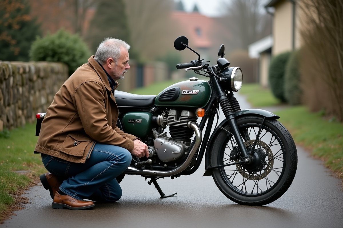 Homme d'âge moyen examinant sa moto 125cc dans la cour