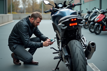 Homme en équipement moto installant un GPS sur une moto en ville