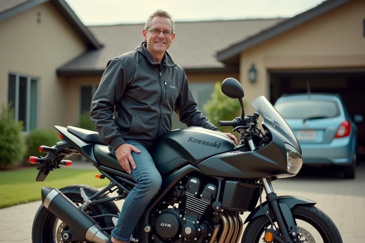 Homme en tenue casual à côté d'une Kawasaki GTR
