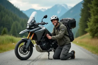 Homme souriant en pleine nature avec moto de voyage