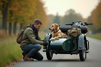 Homme en équipement moto vérifiant bagages à côté d'un sidecar